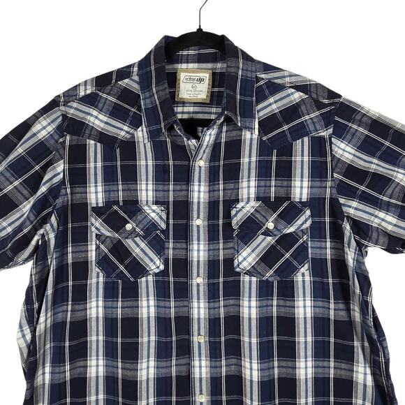 Navy Plaid Pearl Snap Shirt Mens XL Short Sleeve Western Style 100% Cotton - Picture 2 of 10